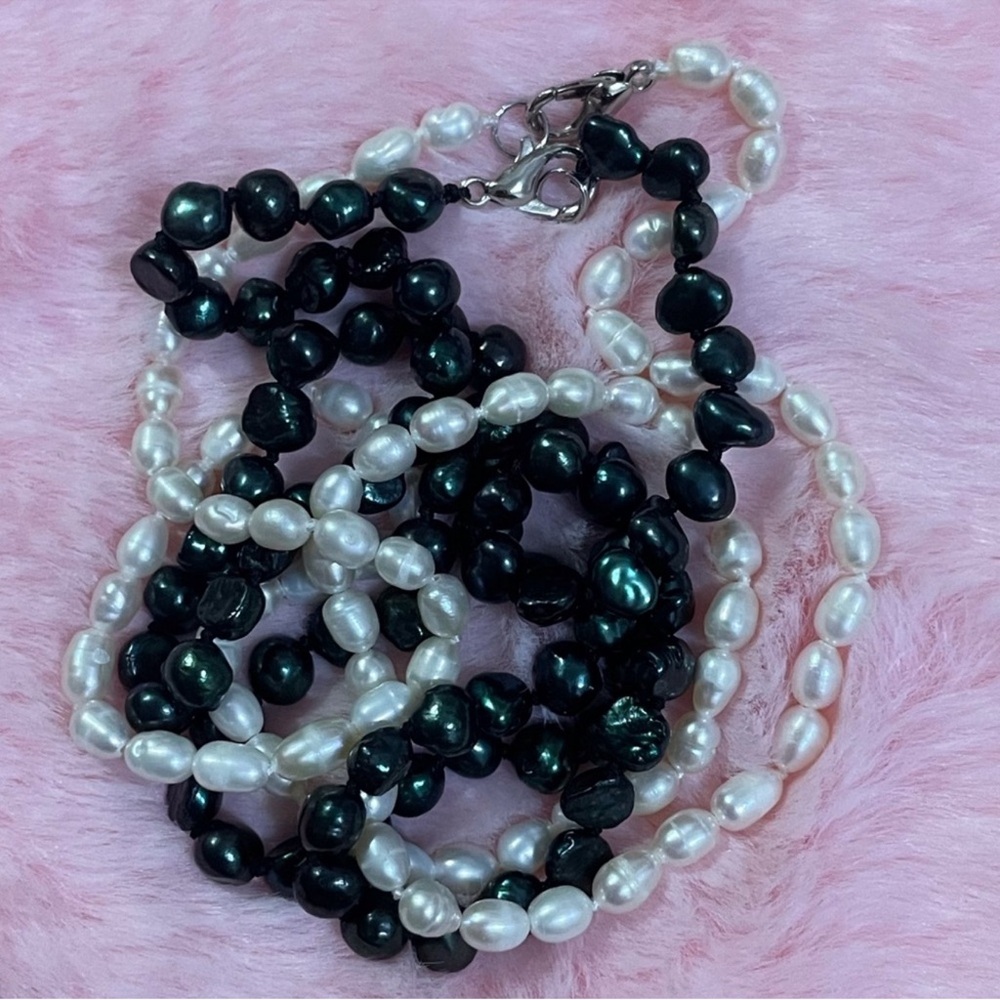 2 Black White Baroque South Sea Layering Pearl Necklace